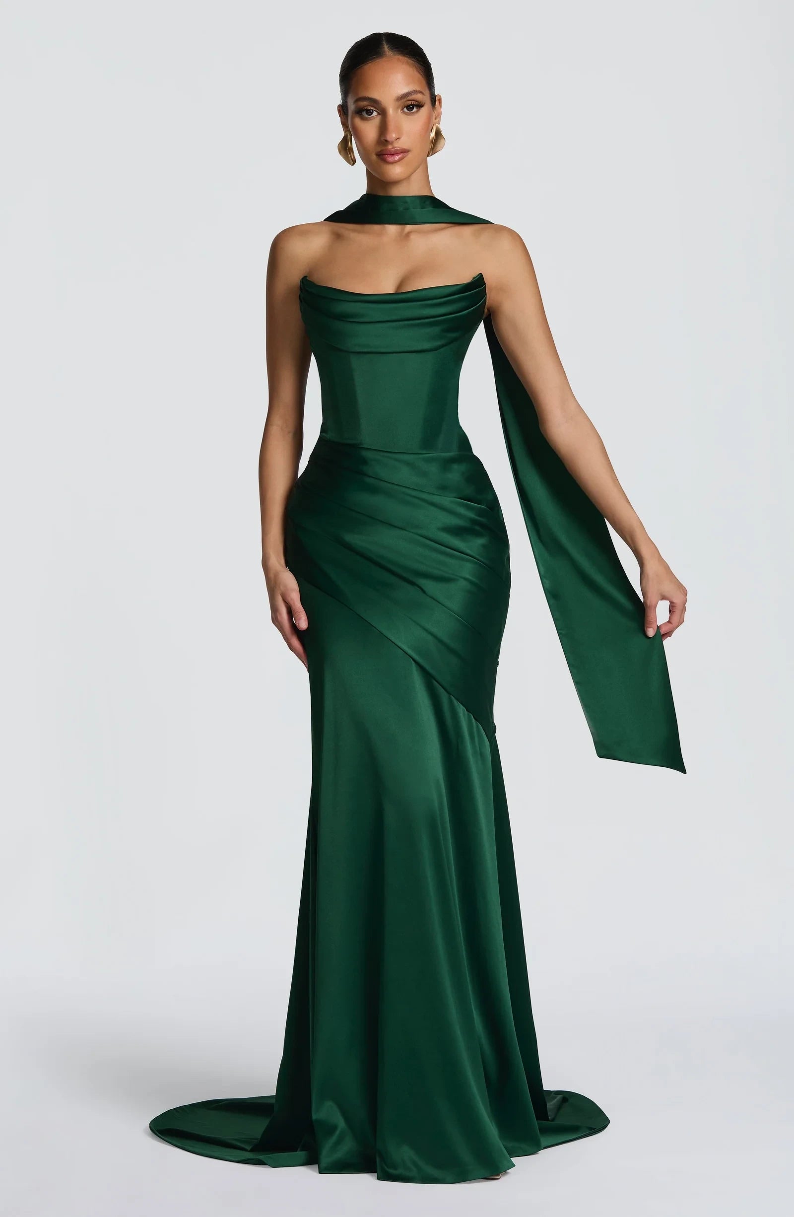 Elegant Mermaid Strapless Corset Satin Emerald Floor-Length Prom Dress With Satin