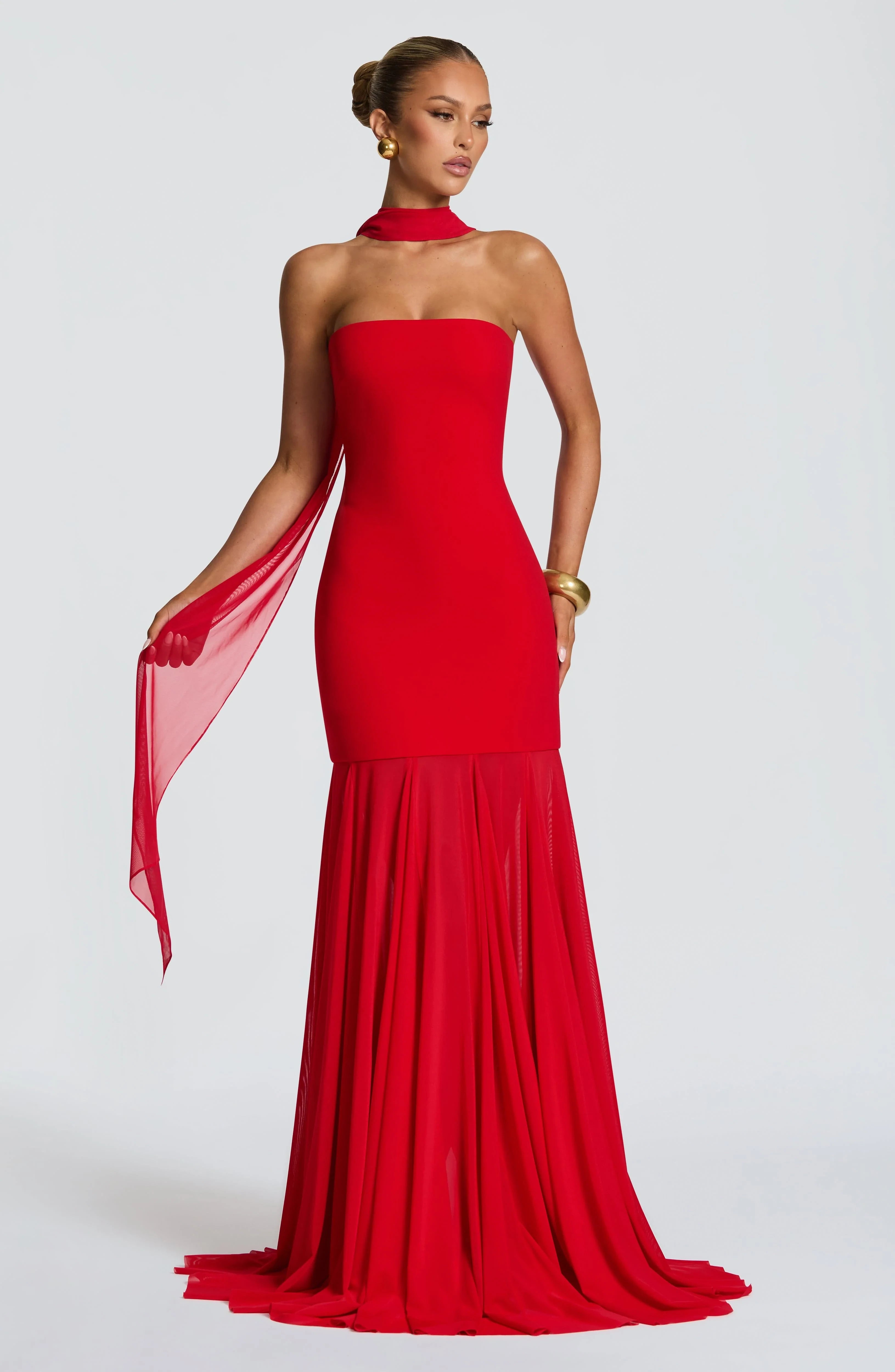 Elegant Mermaid Strapless Flowy Red Floor-Length Prom Dress With Scarf