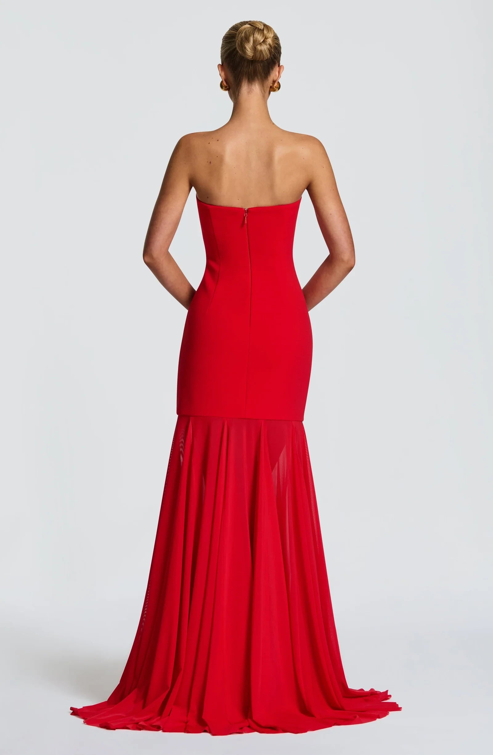 Elegant Mermaid Strapless Flowy Red Floor-Length Prom Dress With Scarf