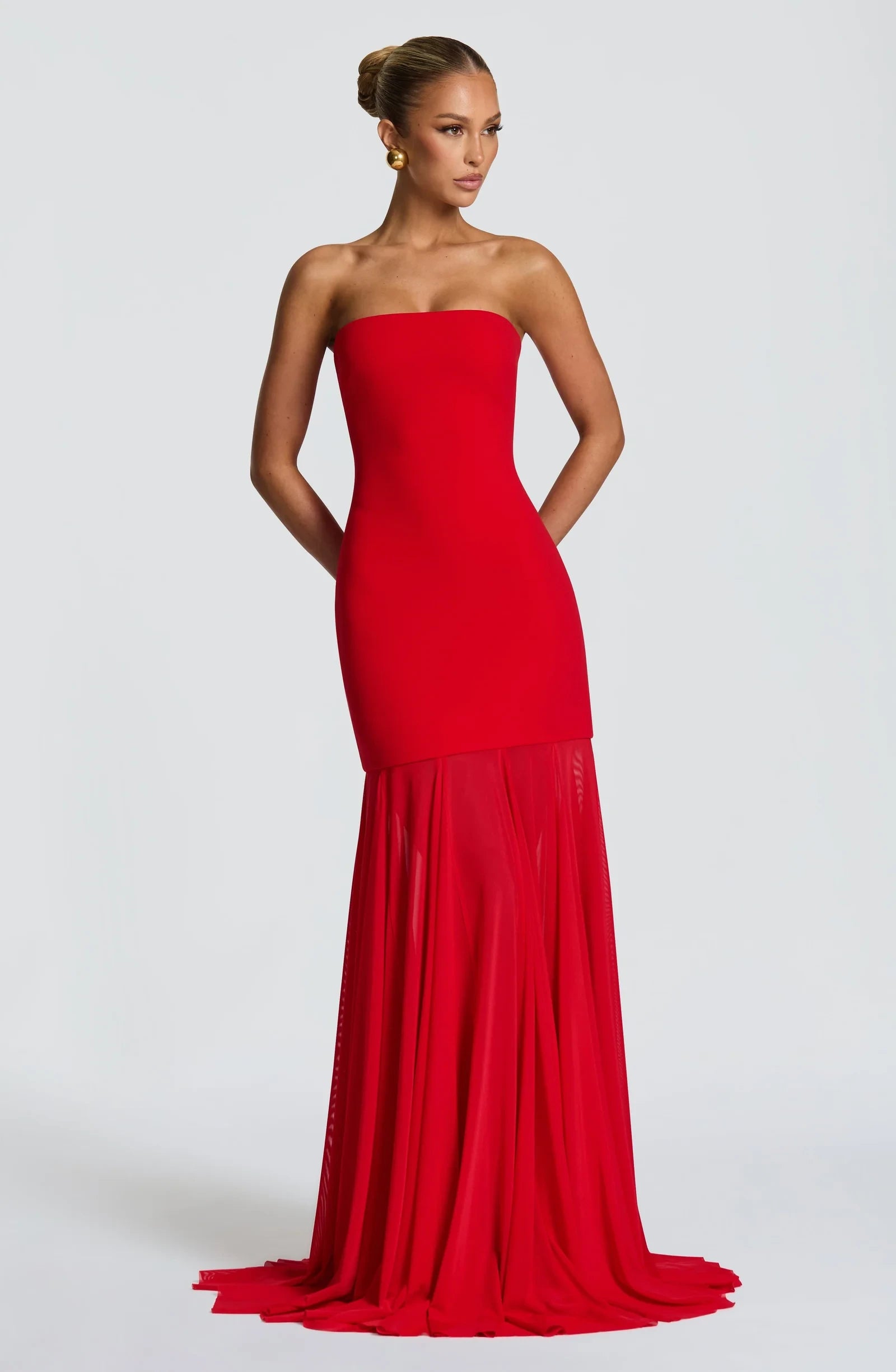 Elegant Mermaid Strapless Flowy Red Floor-Length Prom Dress With Scarf