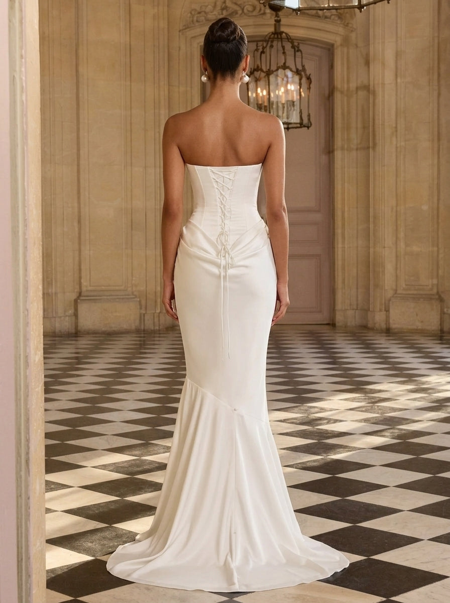 Elegant Mermaid Sweetheart Strapless Corset Draped Satin Ivory Floor-Length Prom Dress