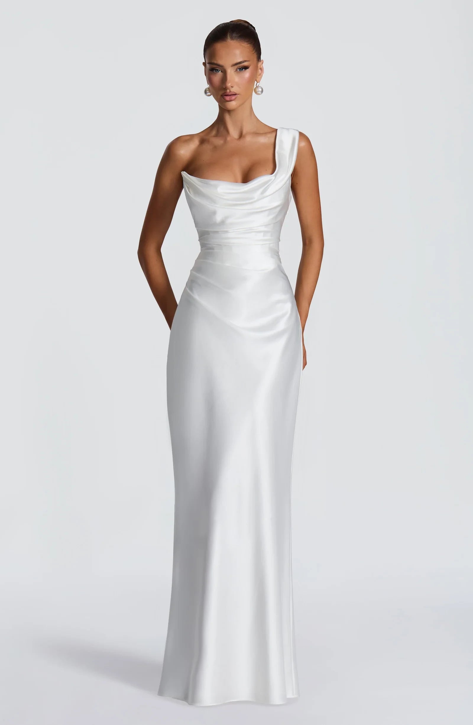 Elegant Sheath Cowl Neck Draped Corset Satin Ivory Floor-Length Prom Dress
