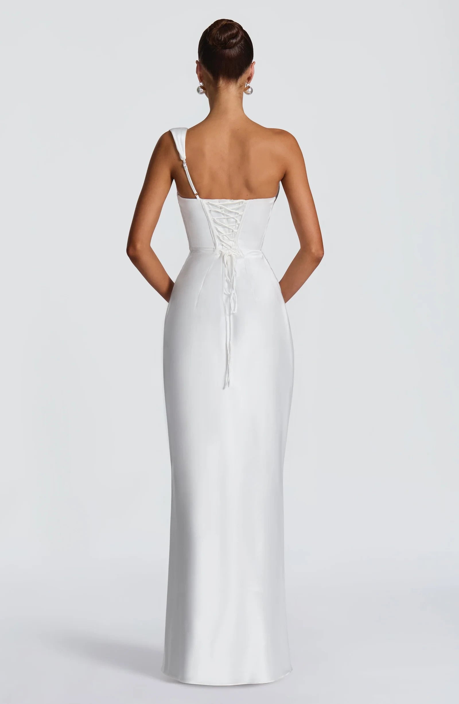 Elegant Sheath Cowl Neck Draped Corset Satin Ivory Floor-Length Prom Dress