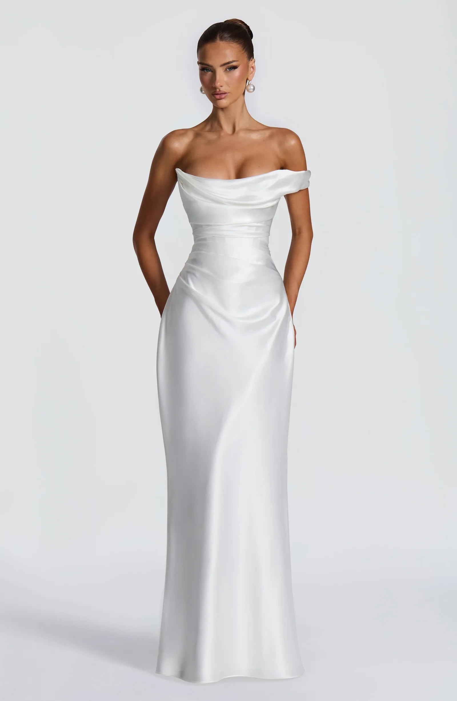 Elegant Sheath Cowl Neck Draped Corset Satin Ivory Floor-Length Prom Dress