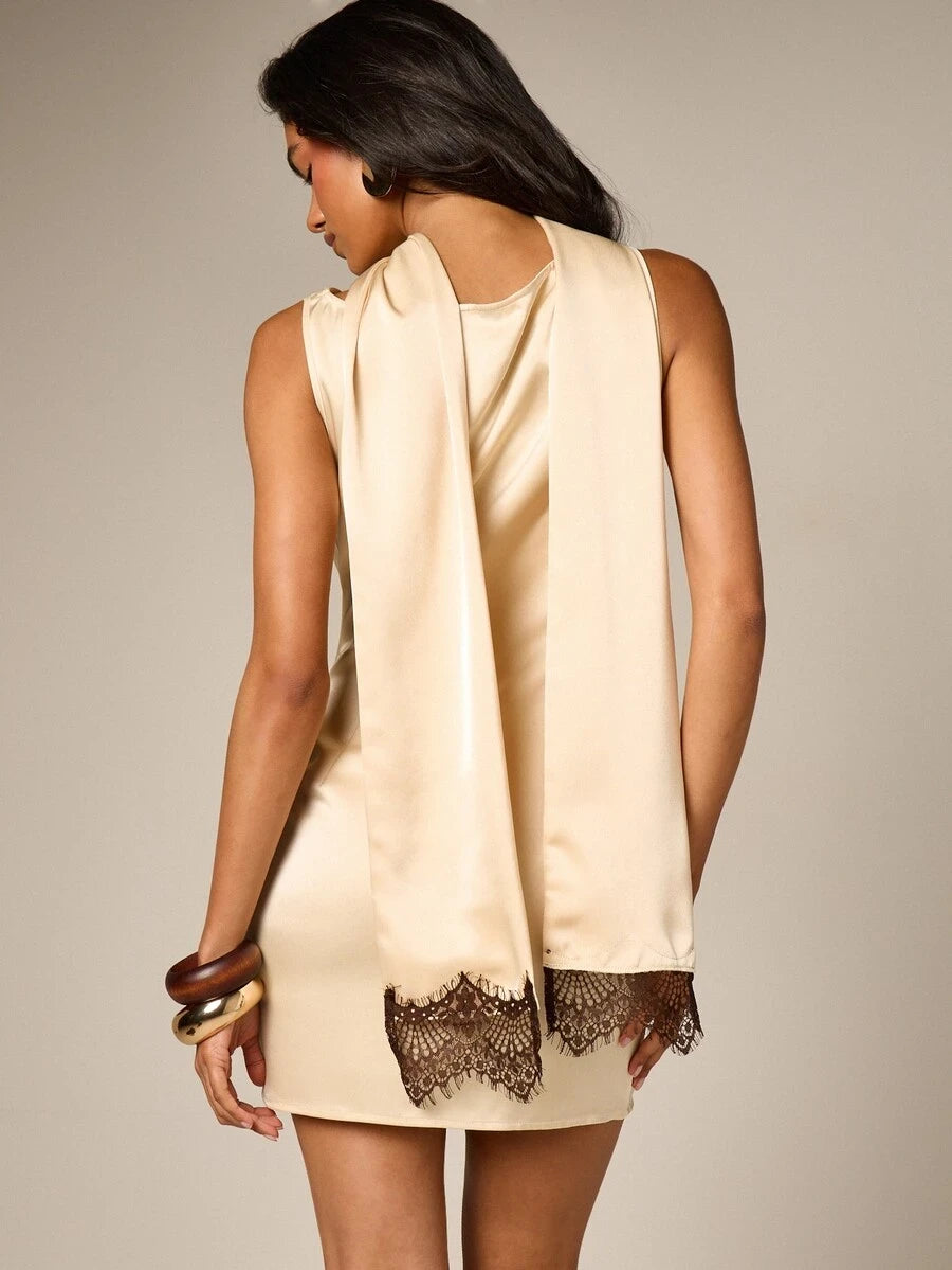 Elegant Sheath Cowl Neck Scarf Lace Trim Satin Champagne Mini Homecoming Dress