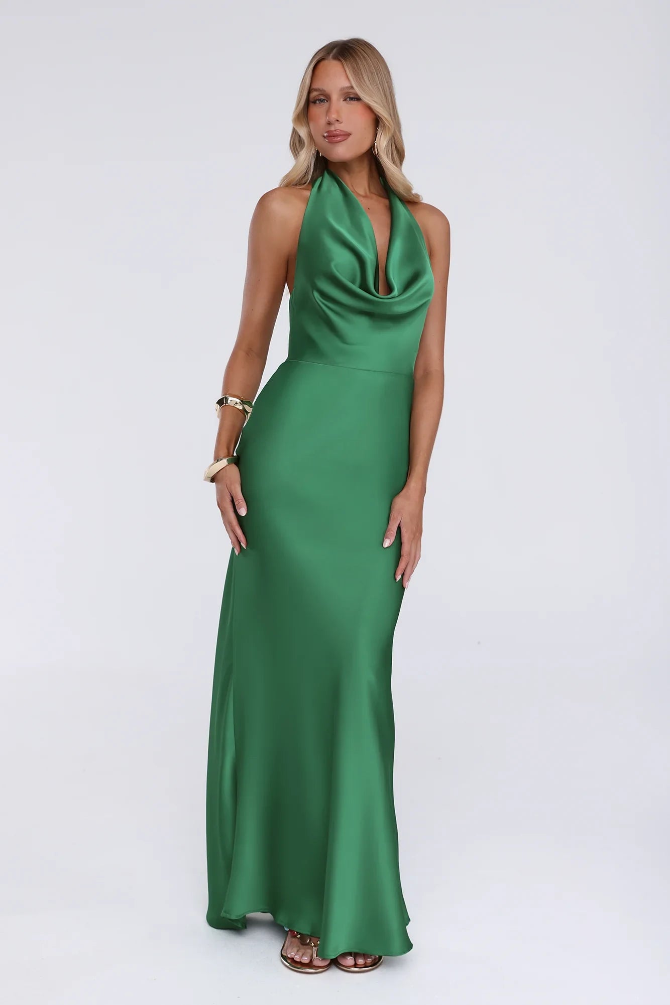 Elegant Sheath Halter Cowl Neck Backless Draped Satin Green Floor-Length Prom Dress