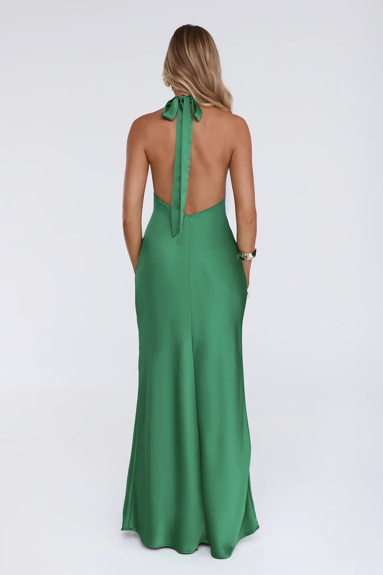 Elegant Sheath Halter Cowl Neck Backless Draped Satin Green Floor-Length Prom Dress