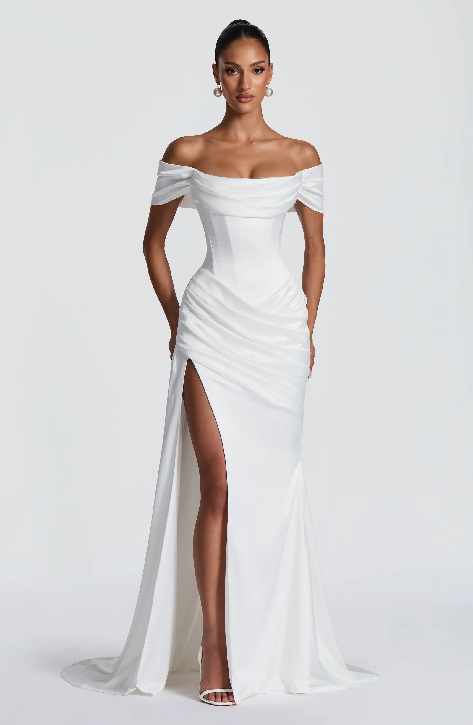 Elegant Sheath Off-Shoulder Draped Ruched Slit Satin Ivory Long Prom Dress