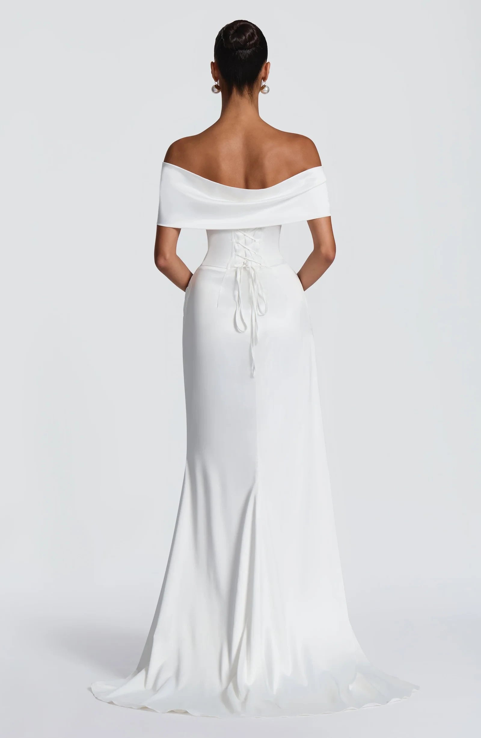 Elegant Sheath Off-Shoulder Draped Ruched Slit Satin Ivory Long Prom Dress