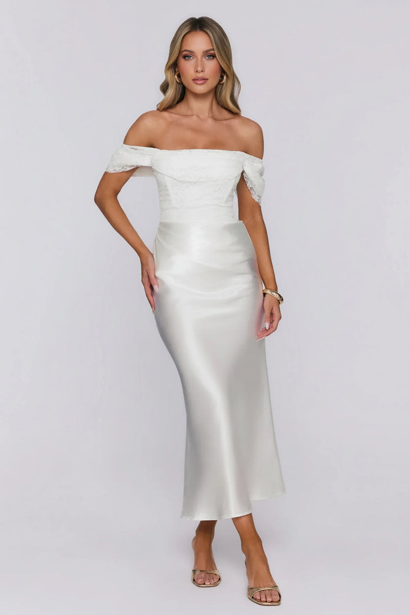 Elegant Sheath Off-Shoulder Lace Bodice Satin Ivory Midi Prom Dress Hot Sale
