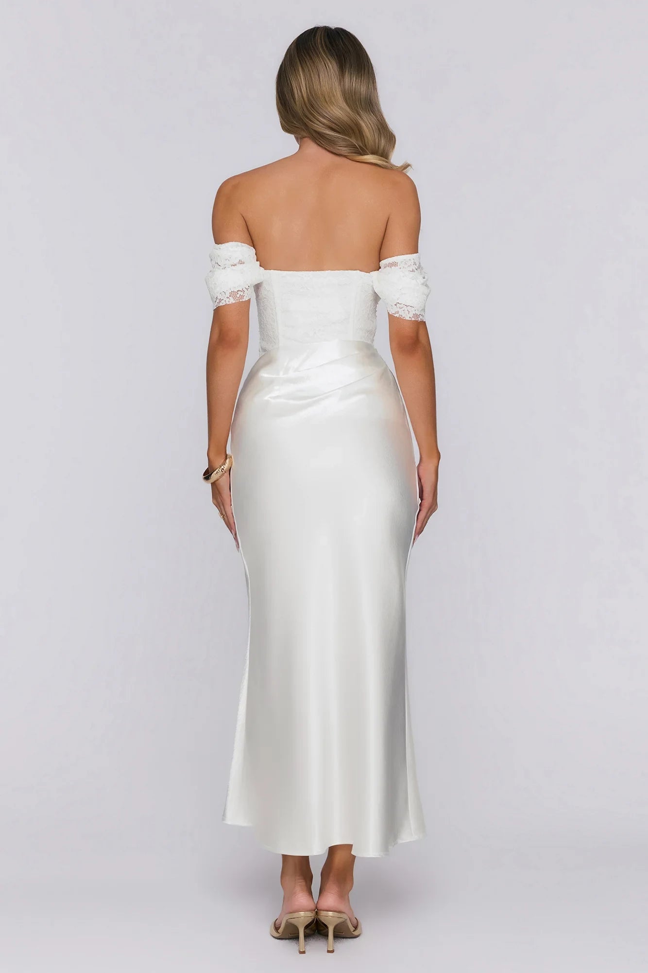 Elegant Sheath Off-Shoulder Lace Bodice Satin Ivory Midi Prom Dress Hot Sale