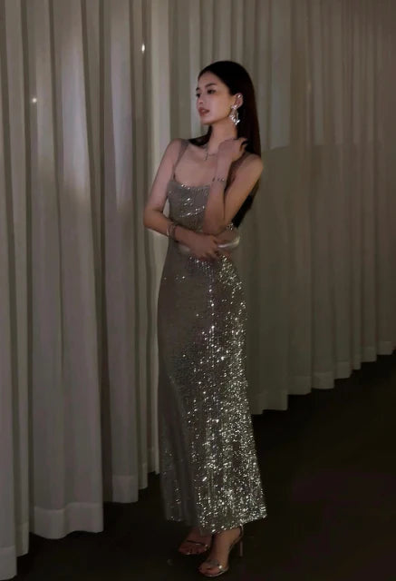 Elegant Sheath Open Back Sequin Silver Long Evening Dress Party Dress