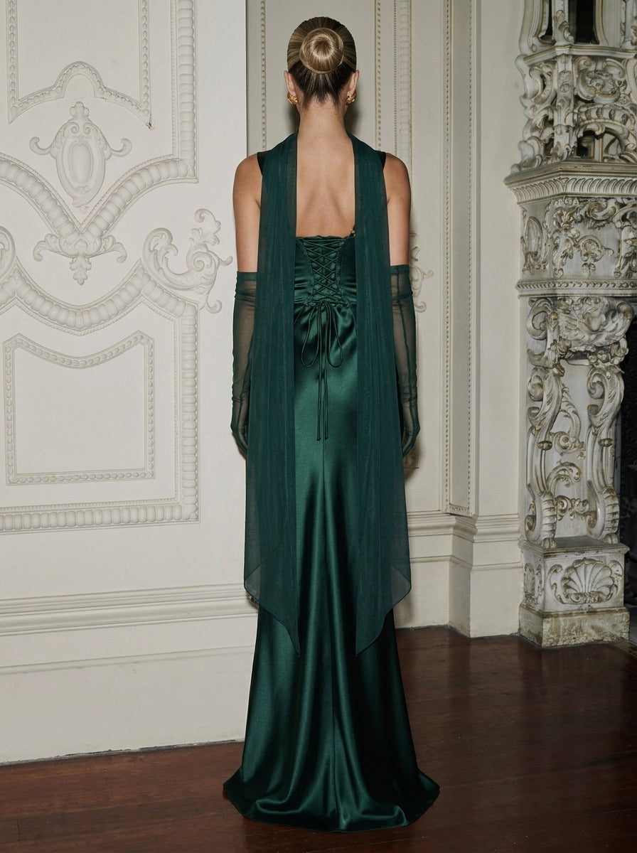 Elegant Sheath Square Neck Corset Satin Emerald Floor-Length Prom Dress With Scarf