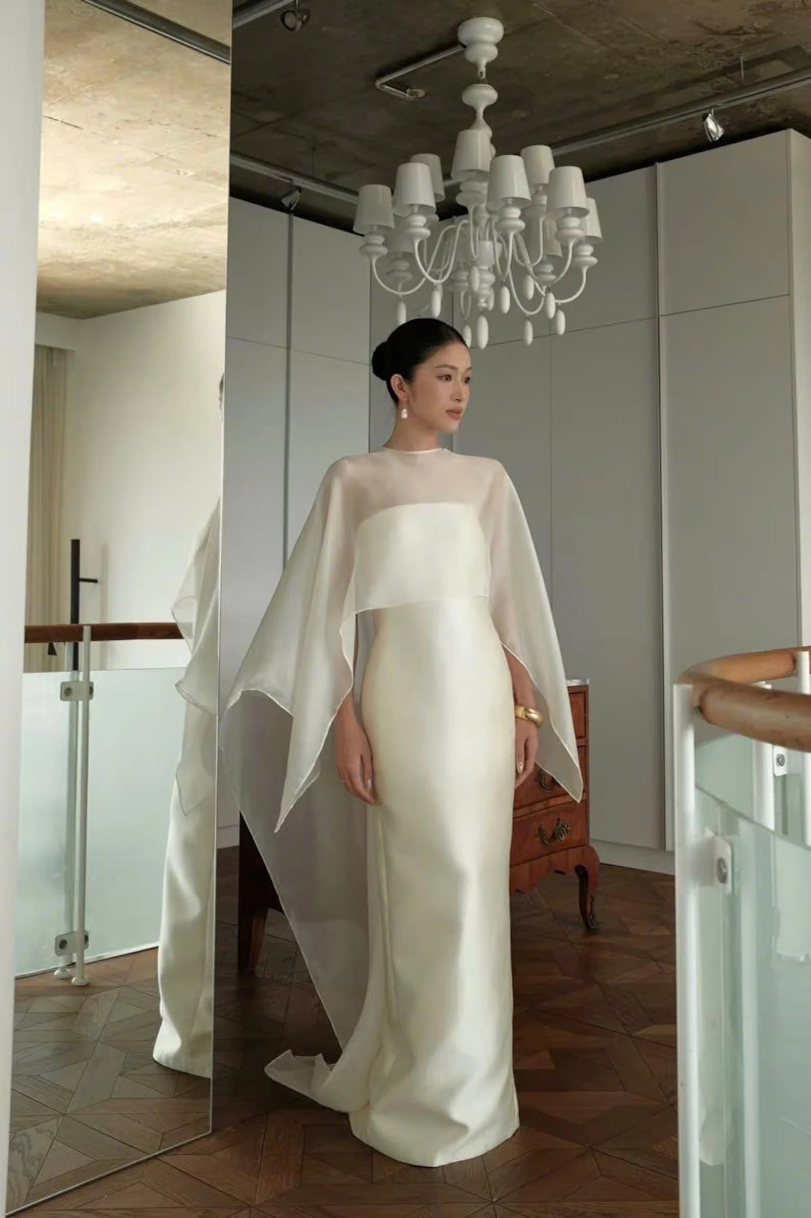 Elegant Sheath Strapless Minimalist Flowy Ivory Floor-Length Prom Dress With Cape