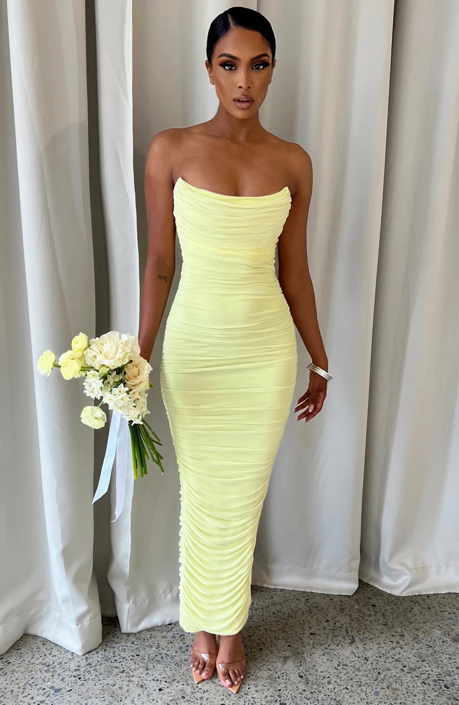 Elegant Sheath Strapless Ruched Slit Pale Yellow Maxi Prom Dress