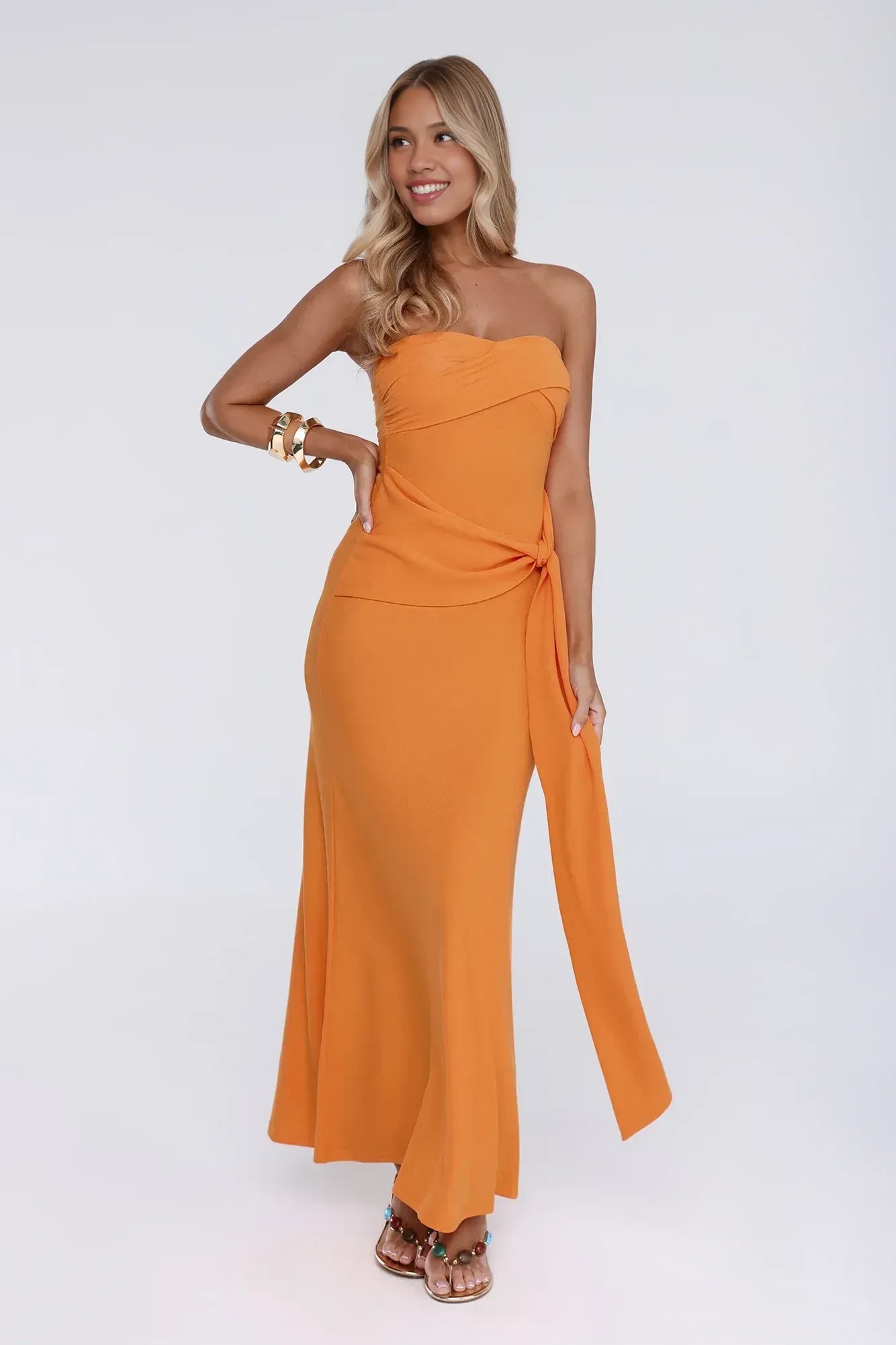 Elegant Sheath Strapless Sweetheart Knot-Detail Ruched Orange Floor-Length Prom Dress