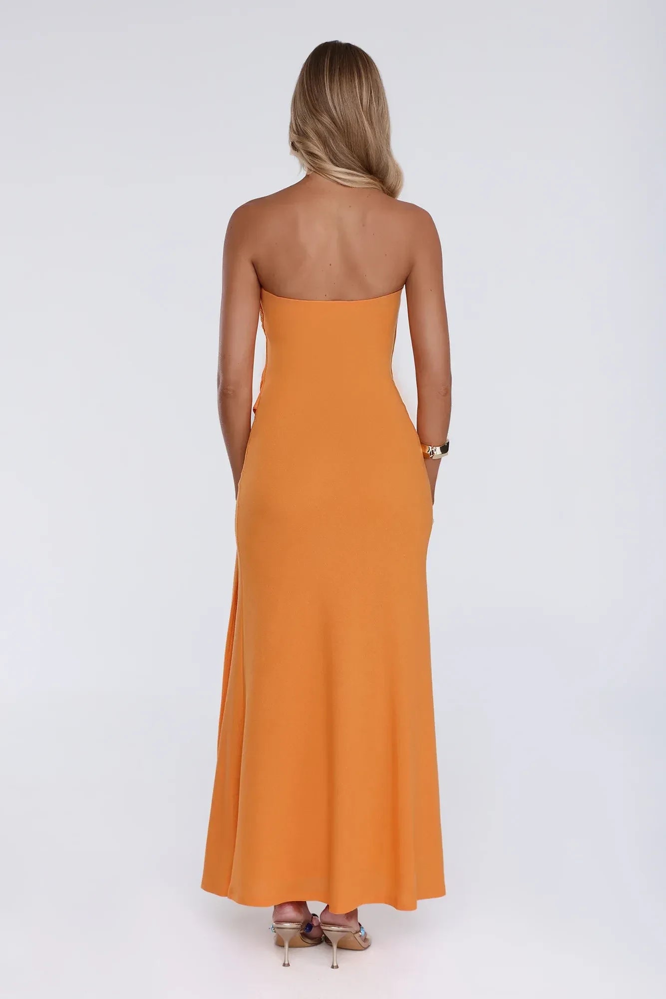 Elegant Sheath Strapless Sweetheart Knot-Detail Ruched Orange Floor-Length Prom Dress
