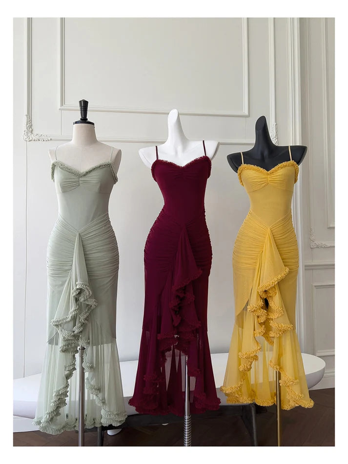 Elegant Spaghetti Straps High Low Chiffon Burgundy Long Evening Dress Prom Dress