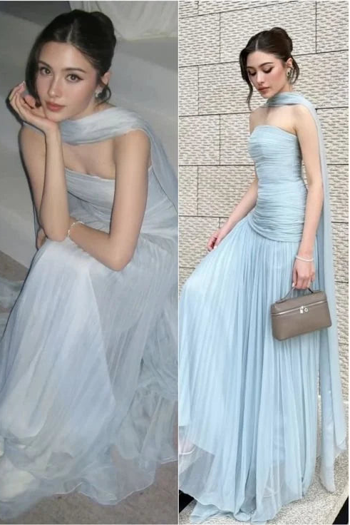Elegant A-Line Strapless Pleated Tulle Blue Long Prom Dress Evening Dress