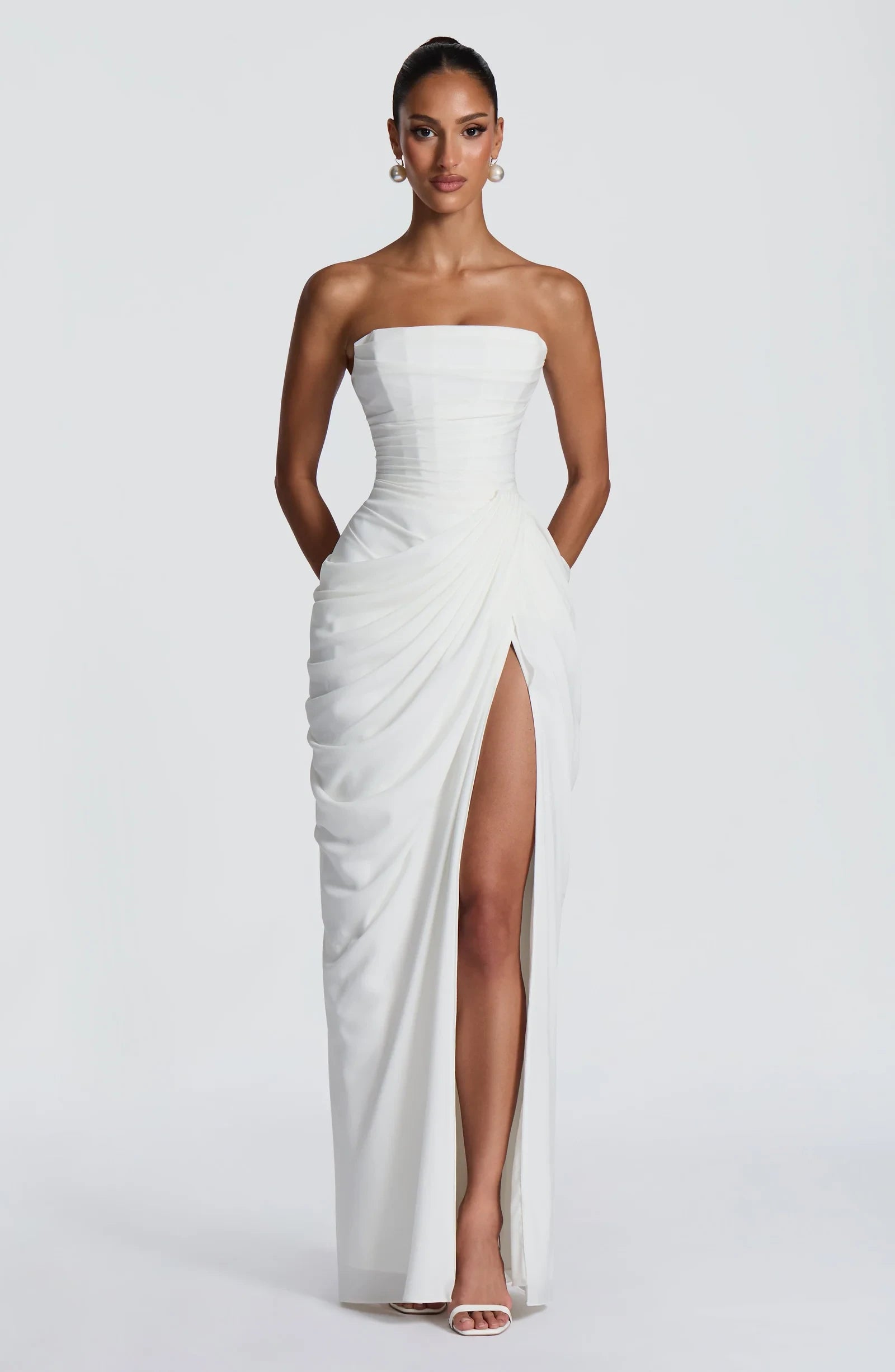 Elegant Strapless Corset Ruched High Slit Chiffon Ivory Floor-Length Prom Dress