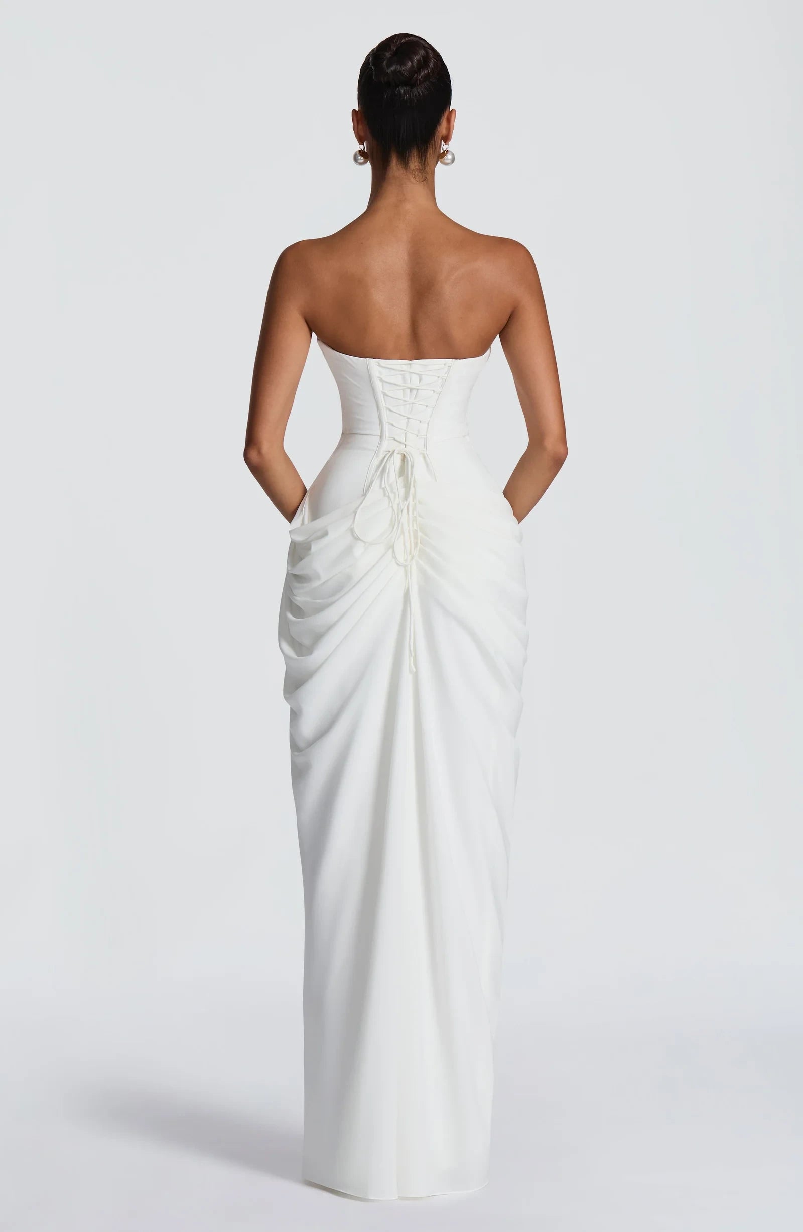 Elegant Strapless Corset Ruched High Slit Chiffon Ivory Floor-Length Prom Dress