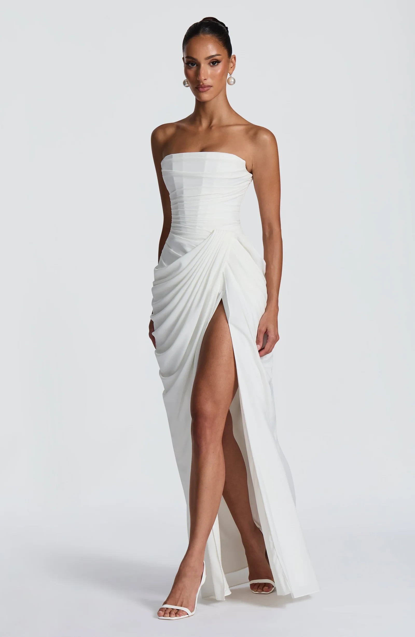 Elegant Strapless Corset Ruched High Slit Chiffon Ivory Floor-Length Prom Dress