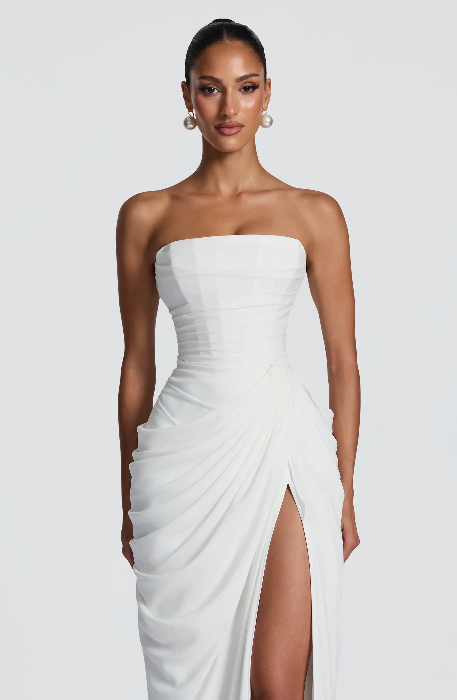 Elegant Strapless Corset Ruched High Slit Chiffon Ivory Floor-Length Prom Dress