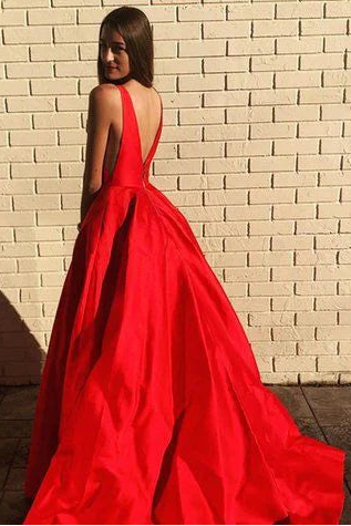 Elegant V Neck Open Back Satin Red Long Prom Dress With Pockets