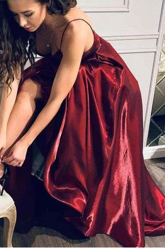 Elegant V Neck Spaghetti Straps Satin Burgundy Long Prom Dress