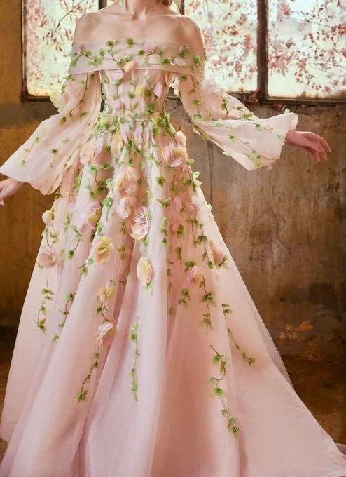 Enchanted A-Line Off-Shoulder Puff Sleeve 3D Floral Blush Pink Long Prom Dress For Women Custom
