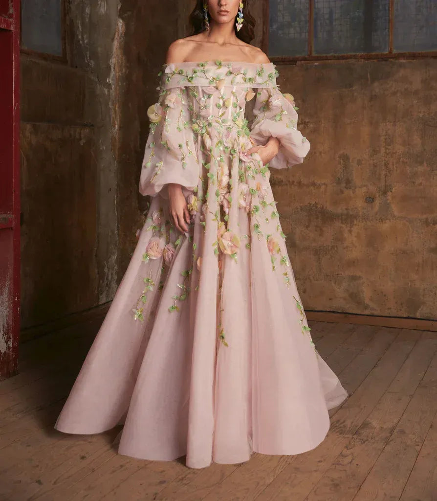 Enchanted A-Line Off-Shoulder Puff Sleeve 3D Floral Blush Pink Long Prom Dress For Women Custom