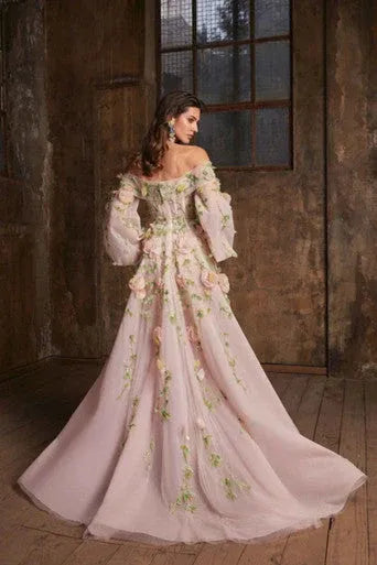Enchanted A-Line Off-Shoulder Puff Sleeve 3D Floral Blush Pink Long Prom Dress For Women Custom