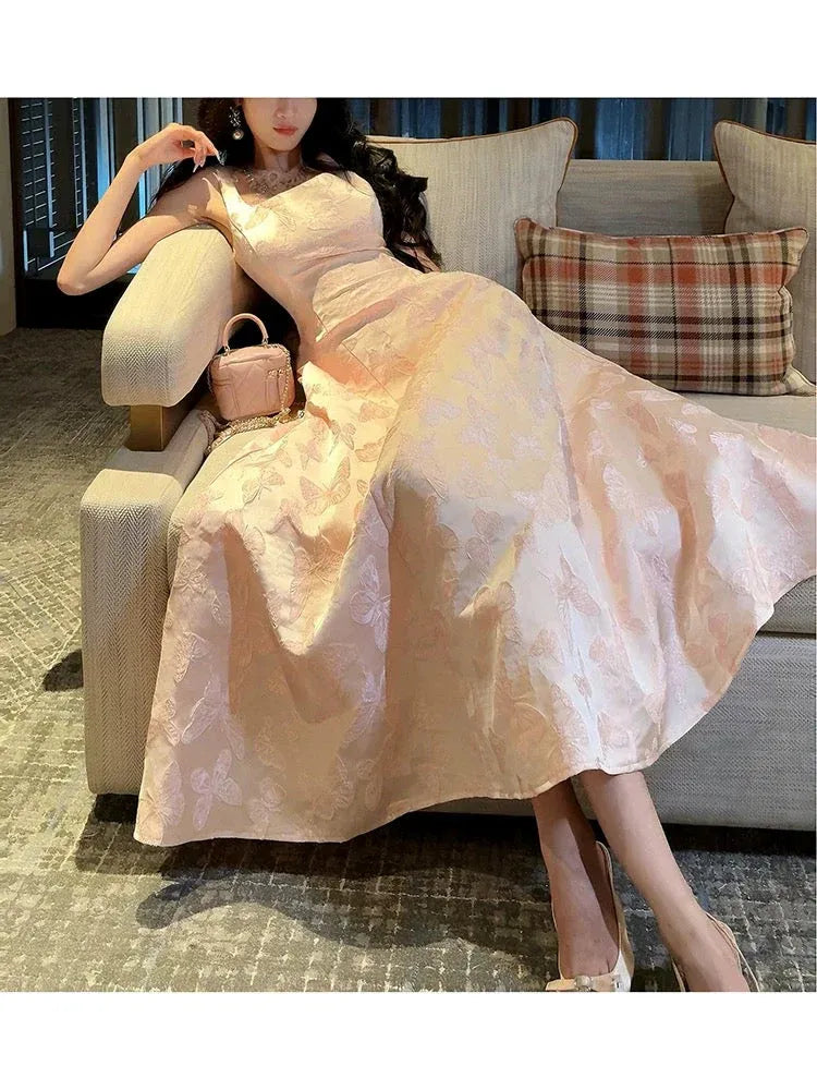Enchanted A-Line Square-Neck Spaghetti-Strap Butterfly-Embossed Satin Blush Maxi Evening Dress for Women