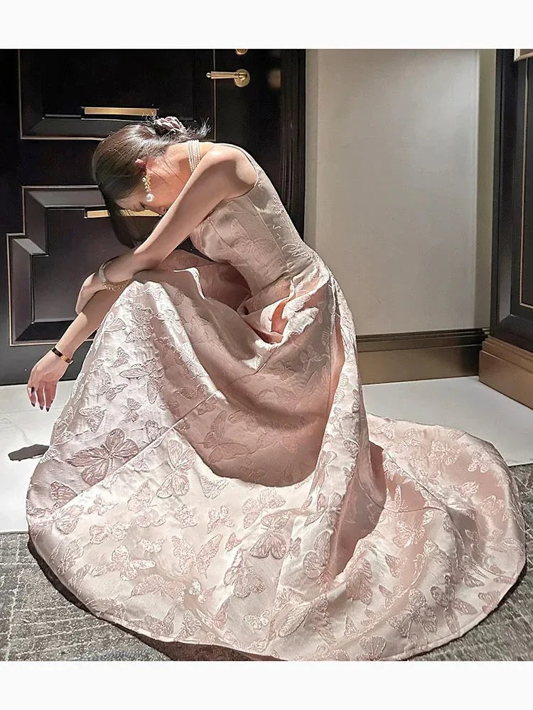 Enchanted A-Line Square-Neck Spaghetti-Strap Butterfly-Embossed Satin Blush Maxi Evening Dress for Women