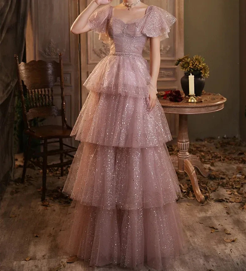 Enchanted A-line Sweetheart-Neck Short-Sleeve Tiered Dusty-Rose Maxi Prom Dress for Women Custom