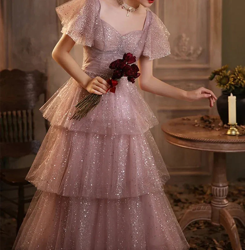 Enchanted A-line Sweetheart-Neck Short-Sleeve Tiered Dusty-Rose Maxi Prom Dress for Women Custom