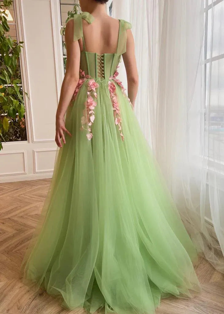 Enchanted Forest A-Line Sweetheart-Neck Floral-Applique Lime Green Maxi Prom Dress for Women ready to ship