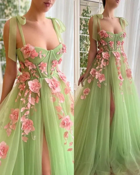 Enchanted Forest A-Line Sweetheart-Neck Floral-Applique Lime Green Maxi Prom Dress for Women ready to ship