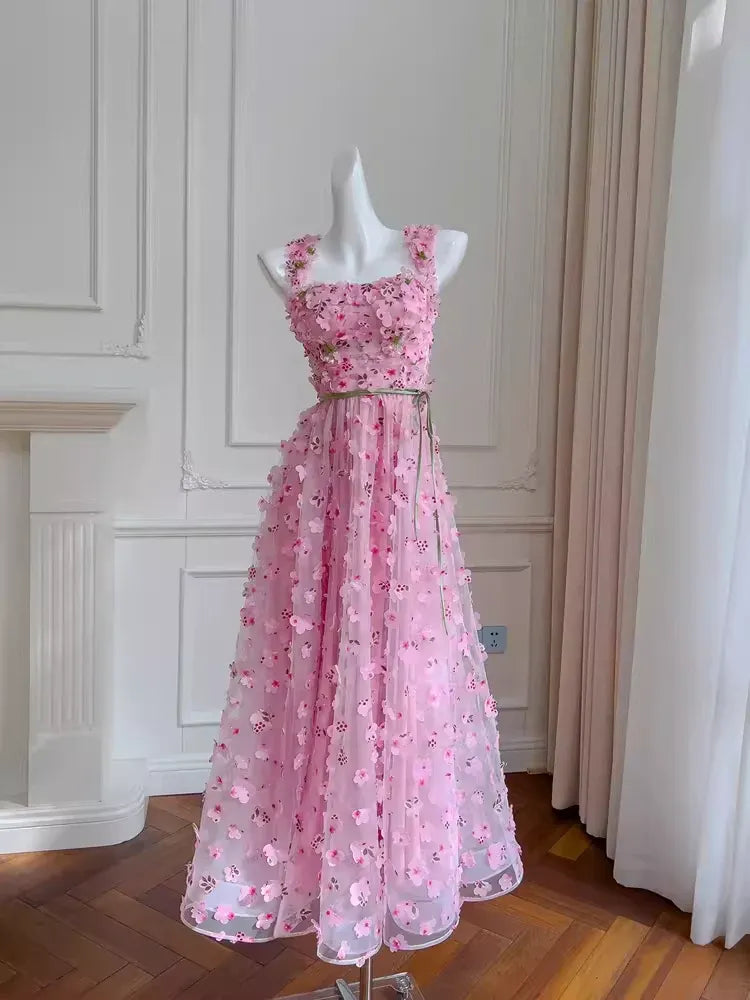 Enchanting A-Line Square Neck Sleeveless 3D Floral Baby Pink Maxi Prom Dress for Women Ready to Ship