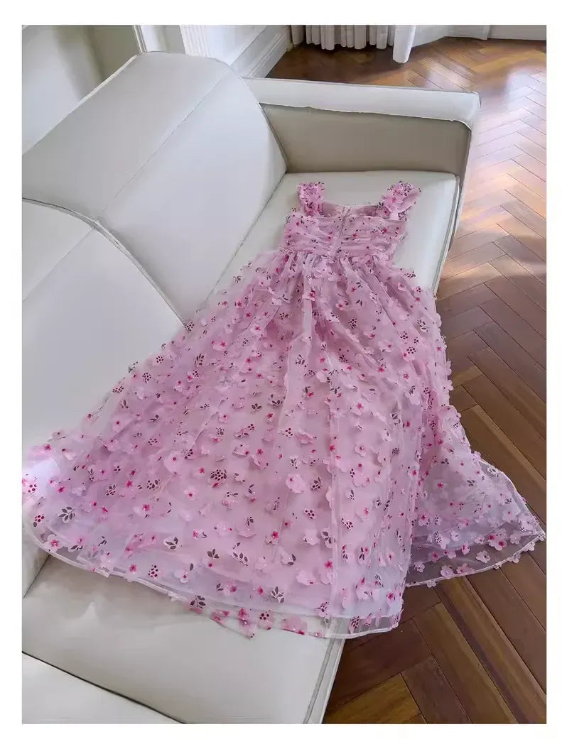 Enchanting A-Line Square Neck Sleeveless 3D Floral Baby Pink Maxi Prom Dress for Women Ready to Ship
