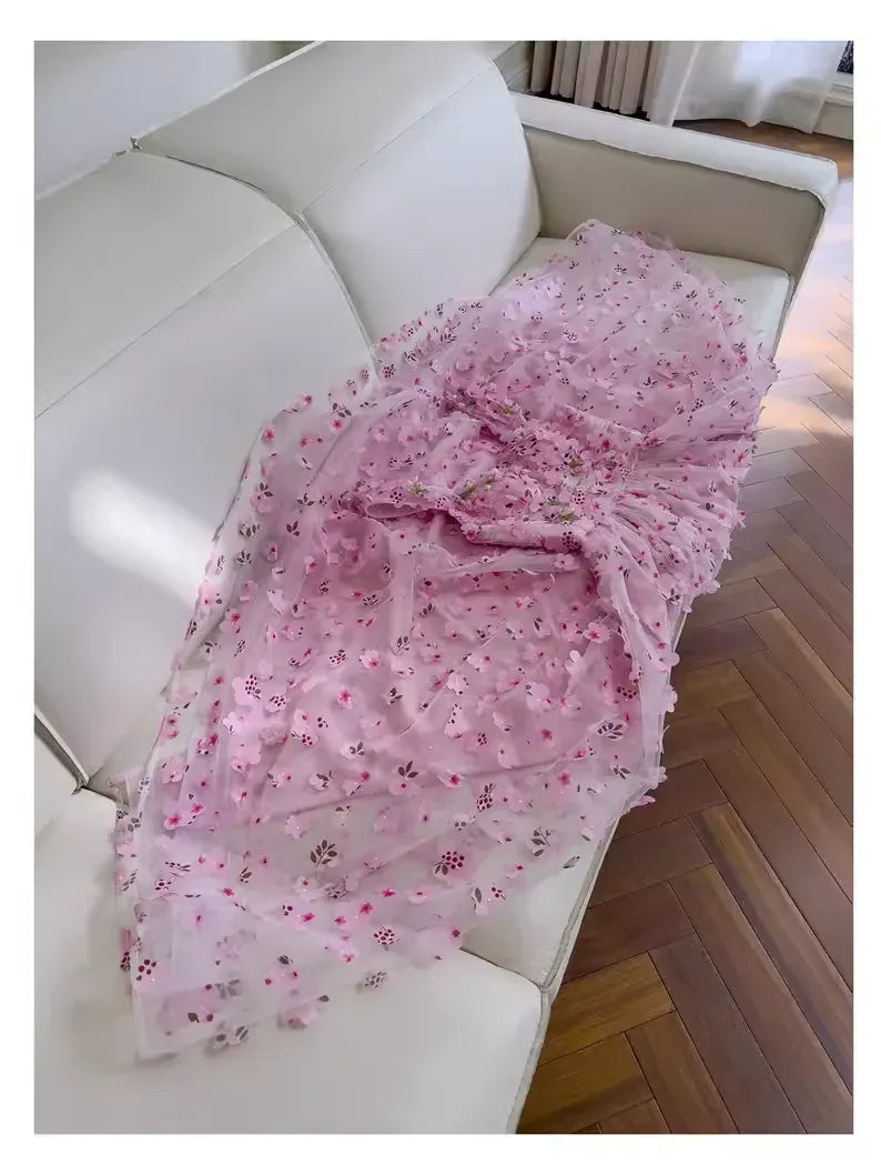 Enchanting A-Line Square Neck Sleeveless 3D Floral Baby Pink Maxi Prom Dress for Women Ready to Ship