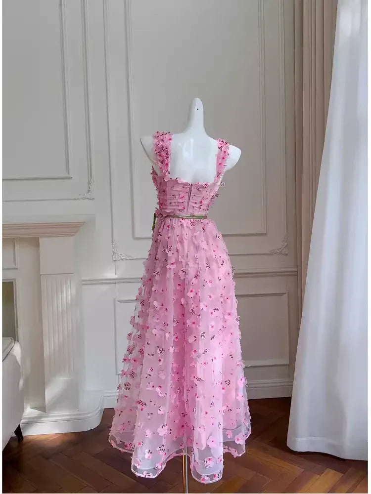 Enchanting A-Line Square Neck Sleeveless 3D Floral Baby Pink Maxi Prom Dress for Women Ready to Ship