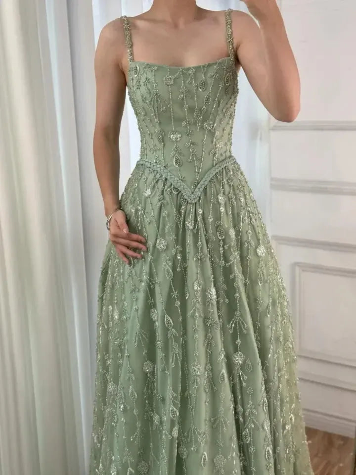 Enchanting A-Line Square Neck Sleeveless Sequin Sage Green Long Prom Dress For Women Ready To Ship