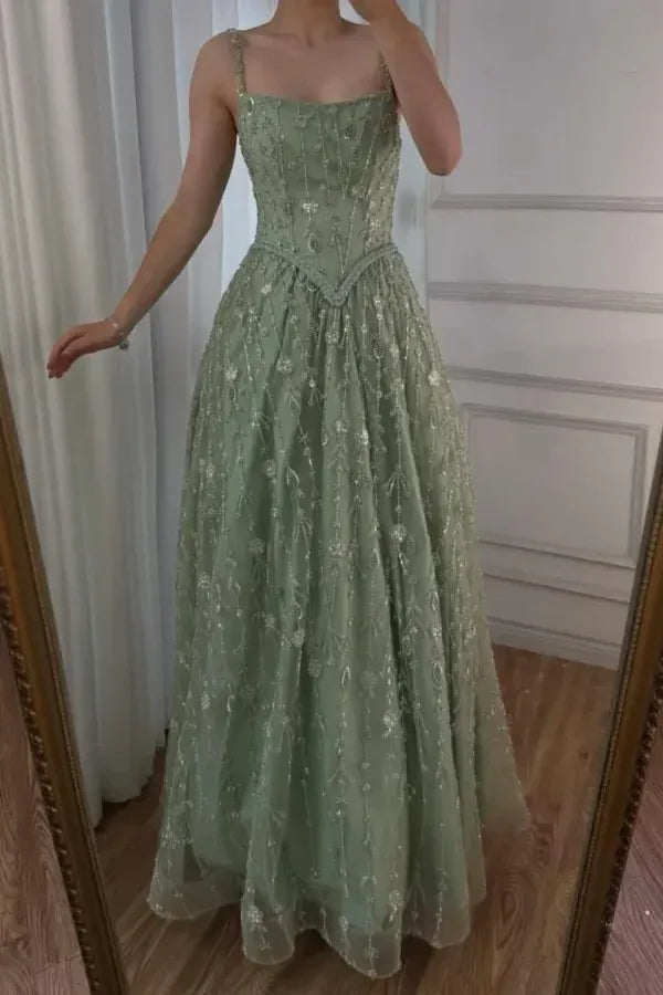 Enchanting A-Line Square Neck Sleeveless Sequin Sage Green Long Prom Dress For Women Ready To Ship