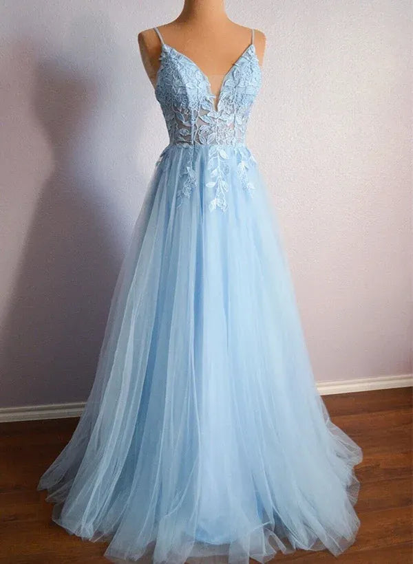 Enchanting A-Line V-Neck Corset Tulle Light Blue Floor-Length Prom Dress With Appliques