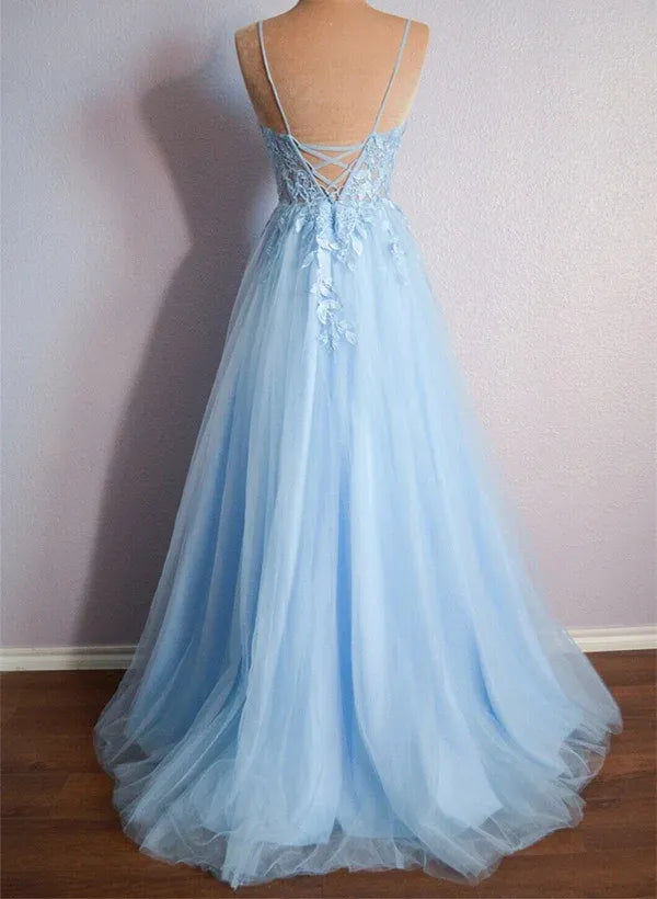 Enchanting A-Line V-Neck Corset Tulle Light Blue Floor-Length Prom Dress With Appliques