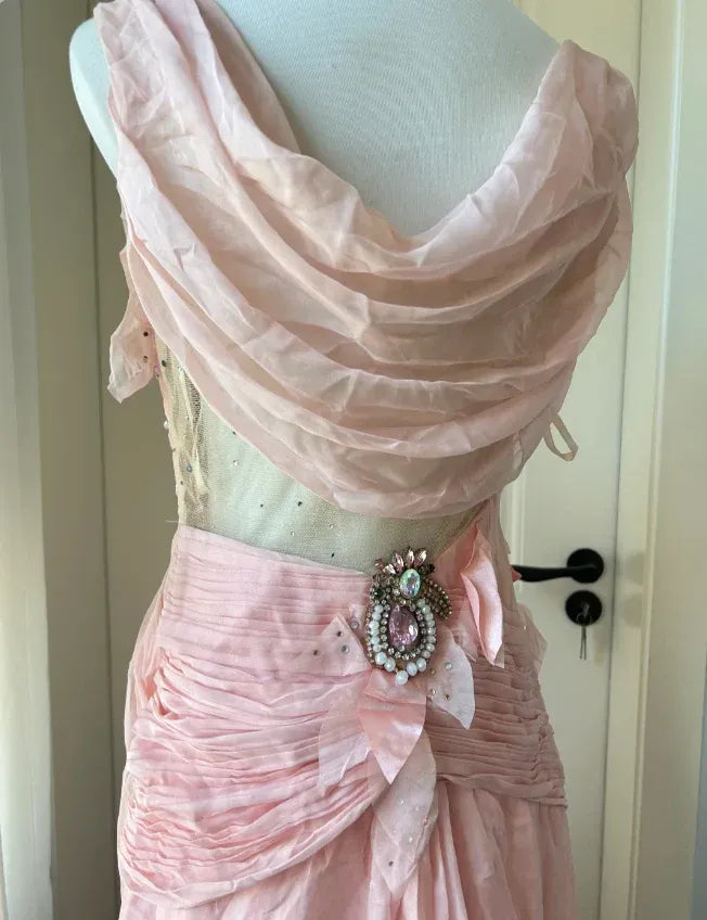 Enchanting A-Line V-Neck Sleeveless Beaded Blush Long Prom Dress for Women Ready to Ship