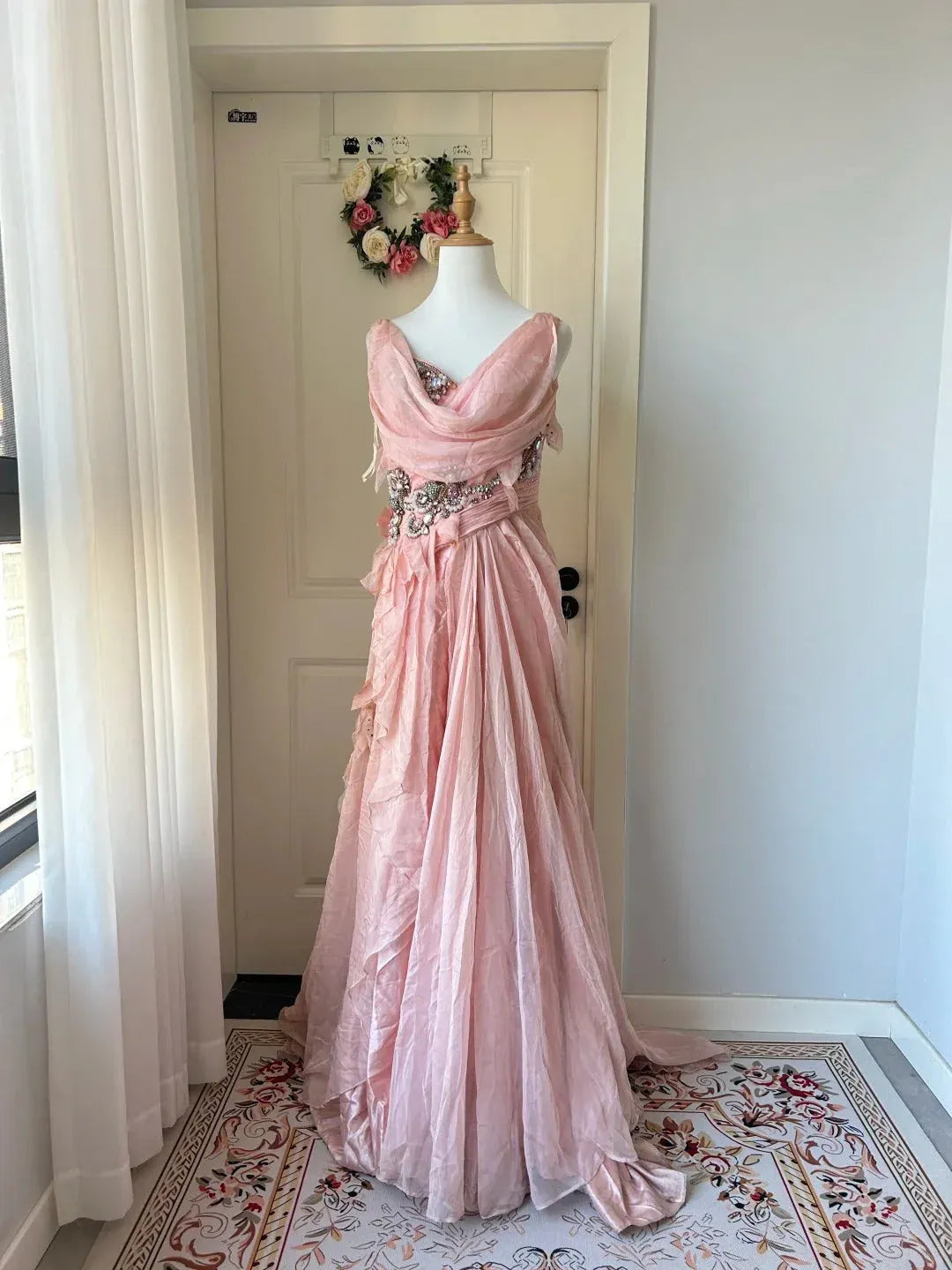 Enchanting A-Line V-Neck Sleeveless Beaded Blush Long Prom Dress for Women Ready to Ship