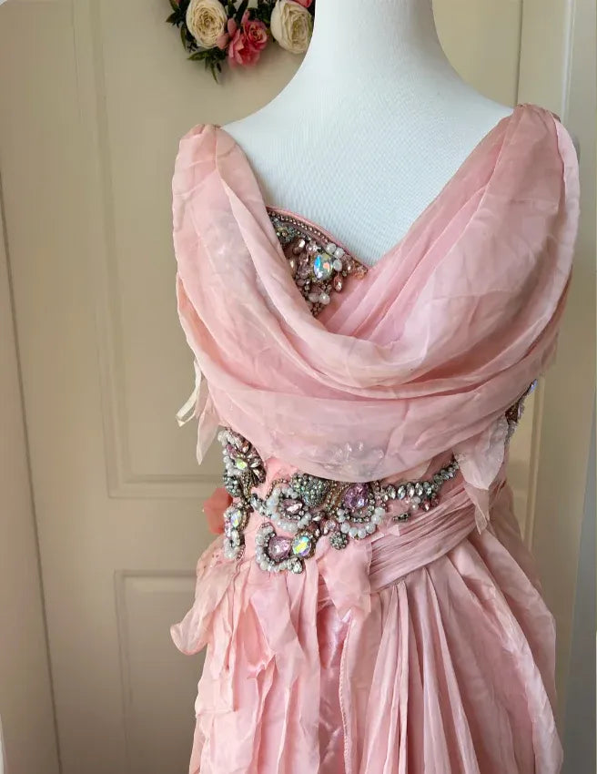 Enchanting A-Line V-Neck Sleeveless Beaded Blush Long Prom Dress for Women Ready to Ship