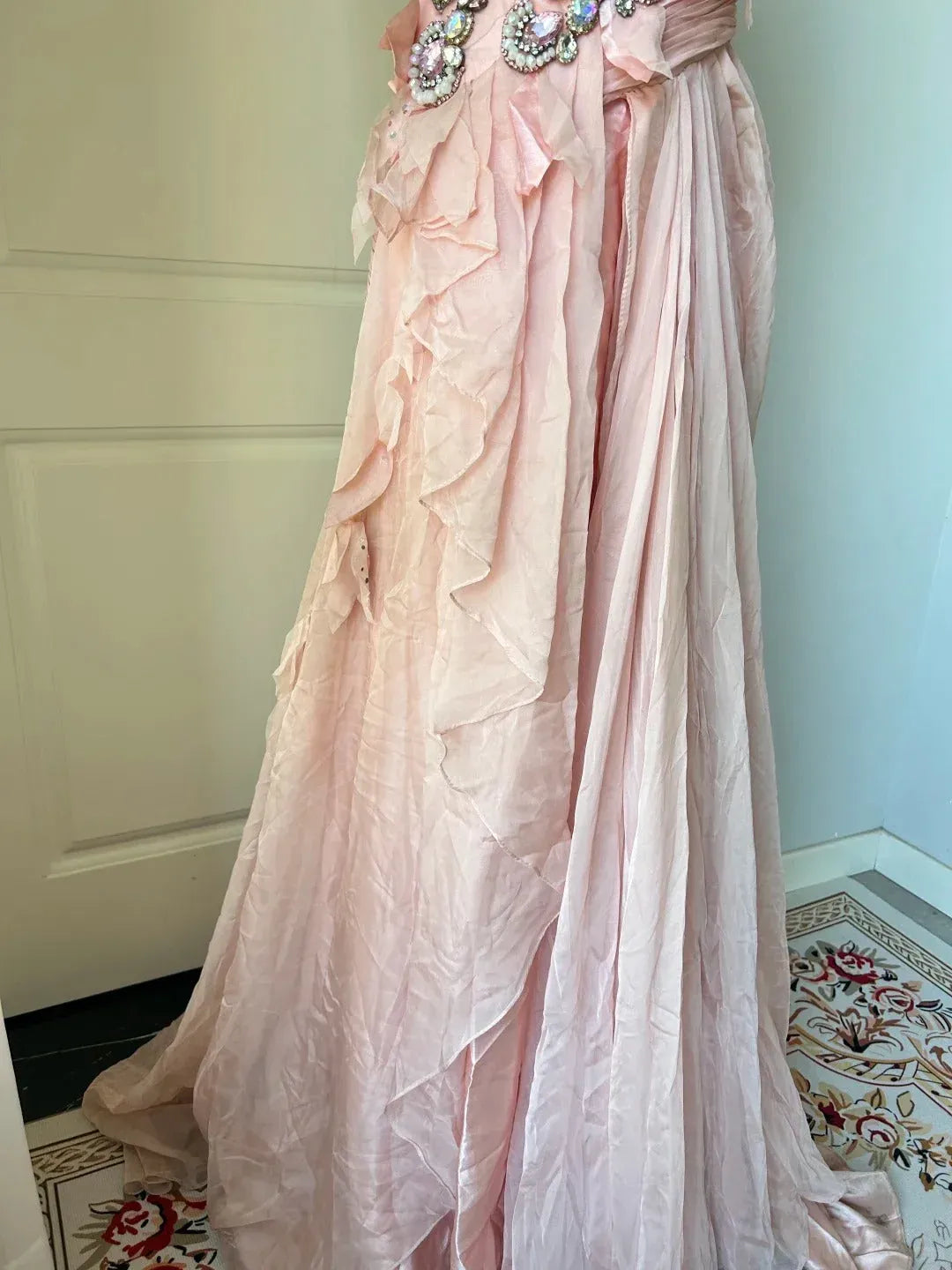 Enchanting A-Line V-Neck Sleeveless Beaded Blush Long Prom Dress for Women Ready to Ship